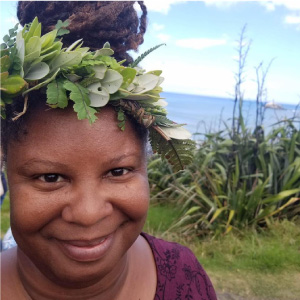 Ijumaa Jordan with foliage on her head
