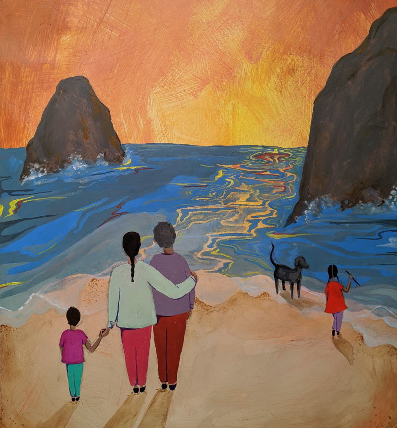 painting of a couple and children on the beach at sunset